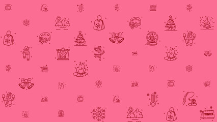 Doodle winter holiday icons line art seamless pattern on a red background.
