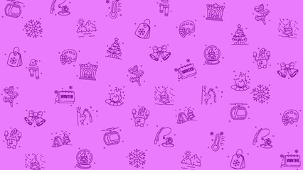 Doodle winter holiday icons line art seamless pattern on a purple background.