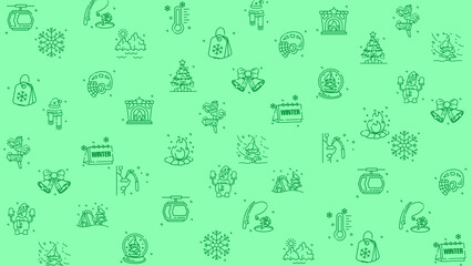 Doodle winter holiday icons line art seamless pattern on a green background.
