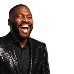 Smiling black man wearing a sequined blazer and laughing joyfully  