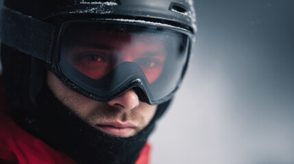 Person wearing ski goggles and helmet in snowy conditions