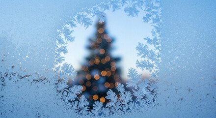 Frosted Window with Blurry Christmas Tree Lights Outdoors in Winter Season
