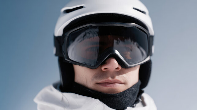 Person wearing smart ski goggles and helmet against clear sky