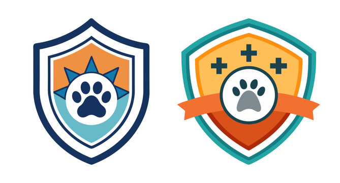 Cute animal rescue badges paw print shield emblem icons set