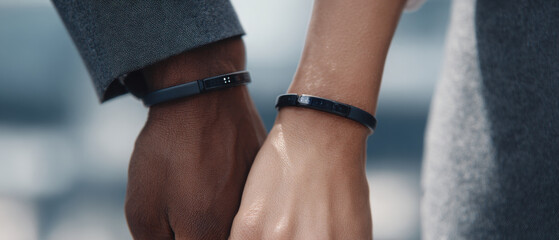 Two people wearing smart wristbands, communicating seamlessly