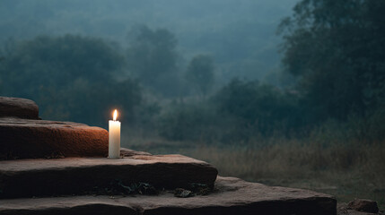 solitary candle flickers gently against backdrop of ancient stone temple steps illuminating surroundings