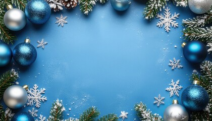 Festive christmas decoration with blue ornaments and snowflakes winter wonderland flat lay holiday atmosphere cheerful vibes