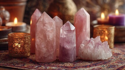Healing crystal grids rose quartz & clear quartz for energy balance and wellness