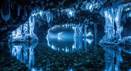 A breathtaking subterranean ice cave illuminated by a mystical blue glow, with frozen stalactites reflecting in the serene, crystal-clear water