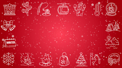 Fototapeta premium Doodle winter holiday icons line art seamless pattern with particles on a red background