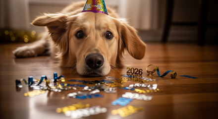 Golden Retriever Dog Wearing Party Hat Lying Down Surrounded by New Year's Eve Confetti and "2026"