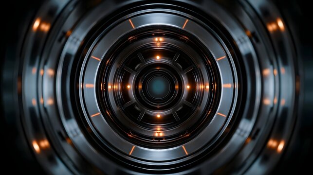 A symmetrical futuristic metallic tunnel with glowing orange lights creating a sense of depth and advanced technology