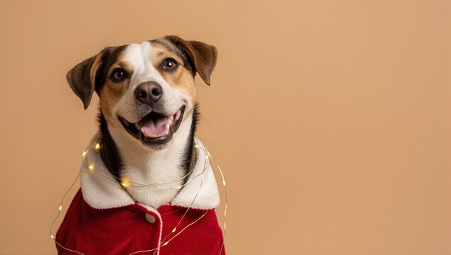 Happy dog in a festive Christmas Santa Claus costume. Adorable pet portrait with fairy lights on a brown background with copy space