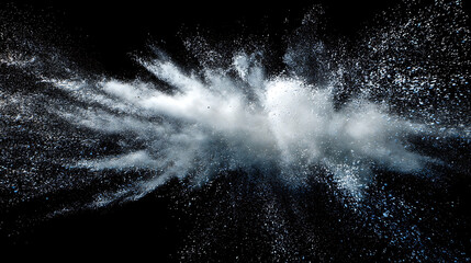 White powder explosion against black background dust particles