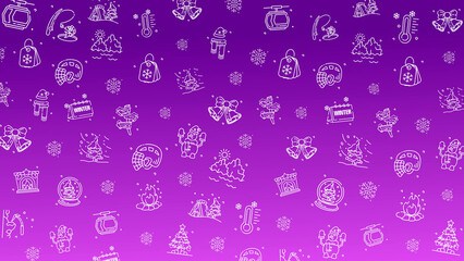 Doodle winter holiday icons line art seamless pattern on a purple background.