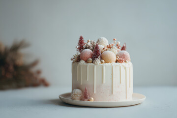 beautifully decorated christmas cake adorned with colorful ornaments and festive decorations