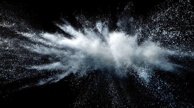 White powder explosion against black background dust particles