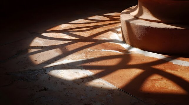 Sunlight casts intricate geometric shadows on a rustic terracotta tiled floor highlighting the warm earthy texture