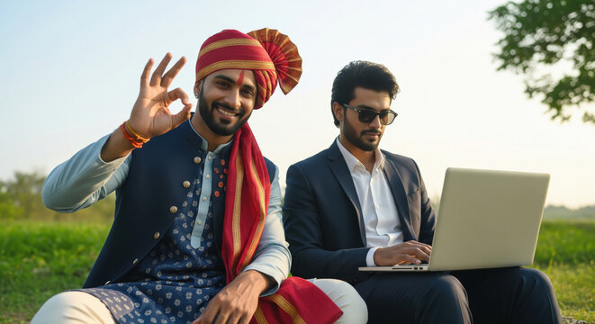 Traditional and Modern Indian Men Blending Culture and Technology - Powered by Adobe