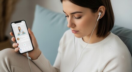 Young woman with earbuds having an online therapy session on her smartphone. Telehealth consultation for mental health and wellness. Guided meditation app for self-care at home