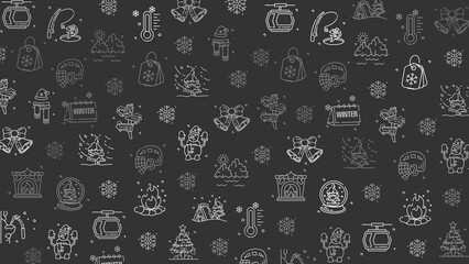 Doodle winter holiday icons line art seamless pattern on a dark background.