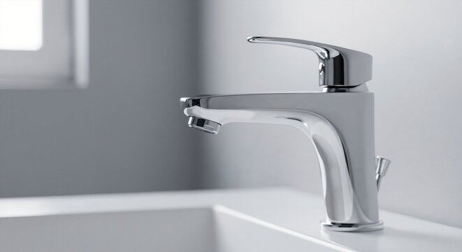 Close-up of a shiny chrome bathroom faucet. Modern minimalist water tap on a white ceramic sink. Contemporary plumbing fixture
