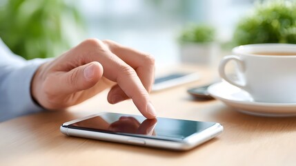 A detailed view of a hand interacting with a smartphone on a clean wooden surface with a white coffee cup and lush green plants creating a comfortable and productive atmosphere