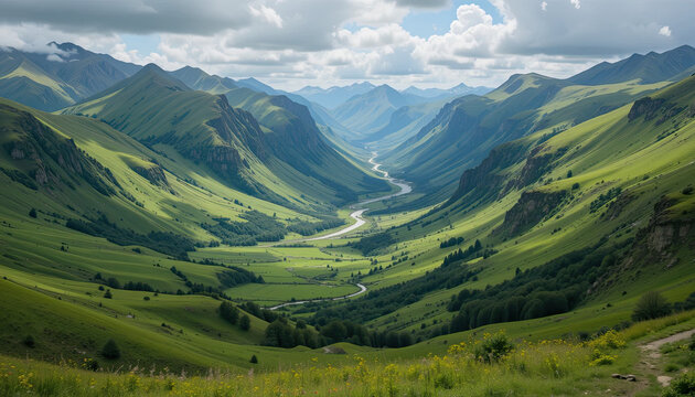 Breathtaking panoramic vista of verdant mountains and a serene river valley, ideal for travel blogs, nature documentaries, and promotional materials, showcasing adventure and tranquility