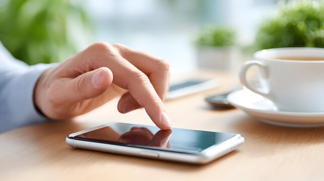 A detailed view of a hand interacting with a smartphone on a clean wooden surface with a white coffee cup and lush green plants creating a comfortable and productive atmosphere