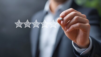 Close up of a person s hand in a suit using a stylus to draw a star rating signifying customer satisfaction review scores or evaluation