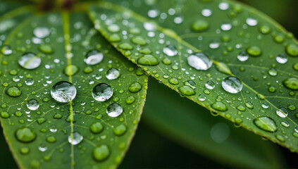 Macro close-up of water drops on a fresh green leaf. Glistening dew or raindrops on foliage after rain. Natural background with selective focus