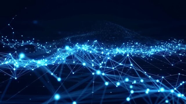 A captivating visual representation of interconnected blue particles forming a dynamic and complex network, illustrating data flow and digital connections in a dark backdrop.