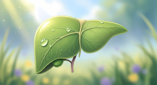Healthy liver depicted as a green leaf with fresh water drops. Natural organ health and detoxification concept on a sunny nature background