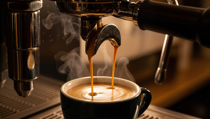 Fresh espresso pouring from a coffee machine into a cup. Close-up of hot, steaming coffee with crema being brewed in a cafe
