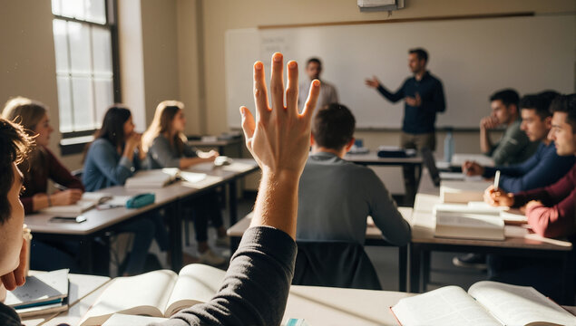 A student raises their hand to ask a question during a university lecture. Young person actively participating in a college class with a professor teaching in the background - Powered by Adobe