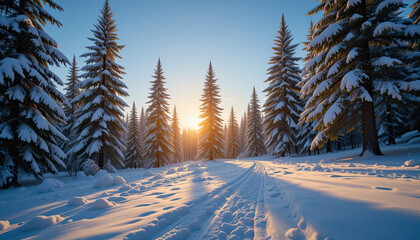 Snowy winter wonderland with sunlight streaming through the trees, perfect for holiday cards, winter promotions, and nature themed projects, capturing a serene winter landscape