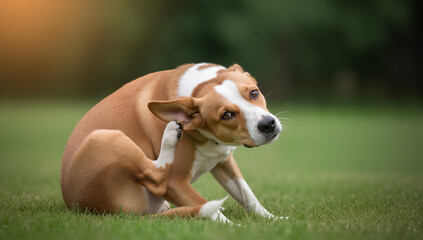 A cute brown and white dog scratching an itchy ear with its hind leg. Pet health concept for allergies, fleas, or skin irritation. Canine sitting on a green grass lawn outdoors