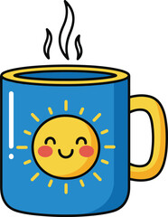 Vector style illustration of a steaming, bright blue coffee mug with yellow trim, featuring a cute, smiling cartoon sun character on its side.