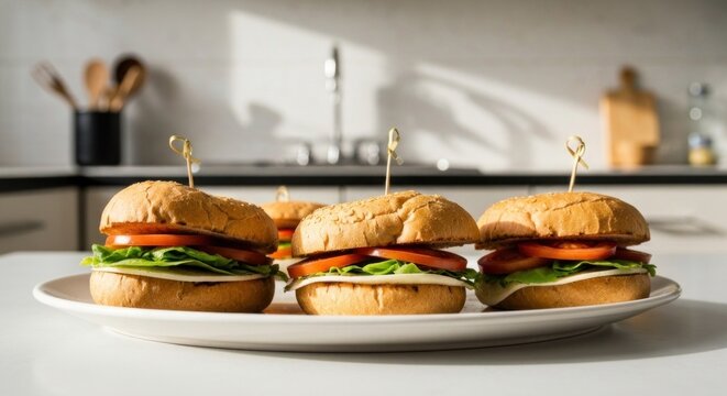 Delicious gourmet mini burgers on a white plate. Kitchen background with fresh toppings