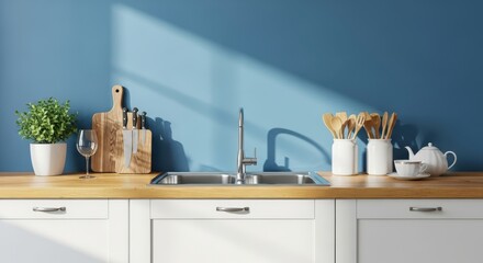 Bright kitchen scene featuring a double sink, wooden cutting board with knives, and decorative elements against a bold blue wall with dappled sunlight