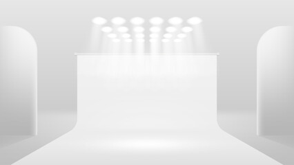 Minimal white studio background with spotlight illumination, curved walls, and empty podium stage for product presentation or advertising