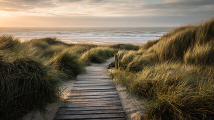 Wooden path through coastal dunes towards ocean waves at sunset wooden boardwalk tall grass