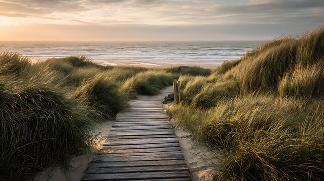 Wooden path through coastal dunes towards ocean waves at sunset wooden boardwalk tall grass