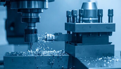 Close-up of a machine cutting metal with a shower of metallic shards