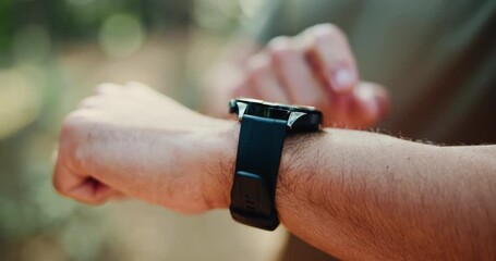 Hands, man outdoor or scroll with smart watch for fitness app, tracking heart rate or exercise progress. Bokeh, person or tap with tech in nature for workout results, wellness update or step counter. - Powered by Adobe