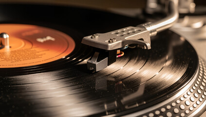 Close-up of a stylus on a spinning vinyl record. Vintage turntable tonearm playing music on an LP. Analog audio equipment and retro nostalgia concept