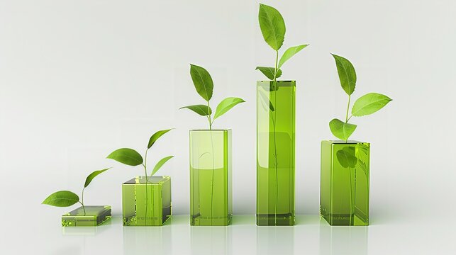 Fluctuating Green Growth Trend: Glass bar chart combined with sprouts, representing the vitality of environmental investment and long-term sustainable return