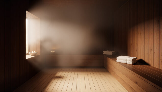 A modern wooden sauna interior with atmospheric steam and sunlight. Spa and wellness concept for relaxation and self-care. Tranquil background for therapy and retreat - Powered by Adobe