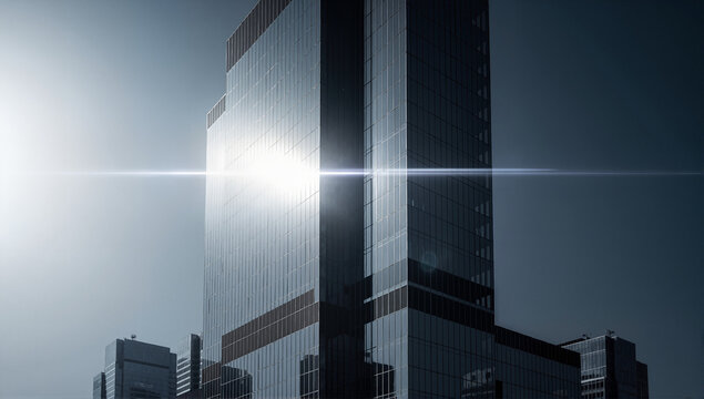 A modern glass skyscraper with a bright sun reflection and lens flare. Corporate office building architecture in a city financial district