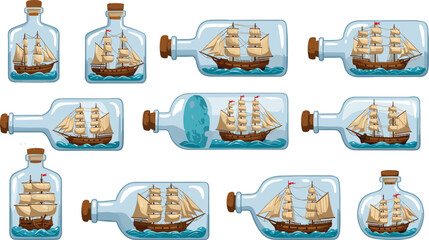 Stylized ship-in-a-bottle collection with varied sails and bottle shapes, vector illustration for nautical storytelling and editorial maritime content © Sagar